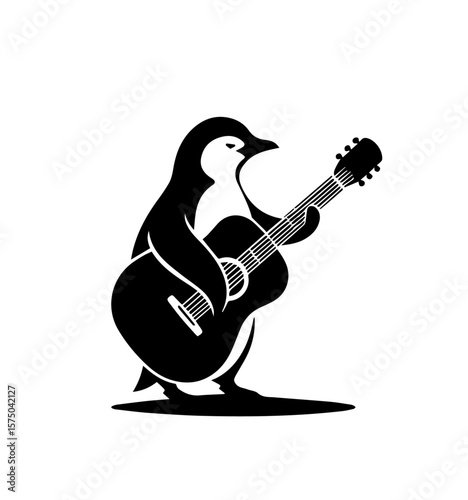 Penguin playing a guitar logo, icon, vector. AI