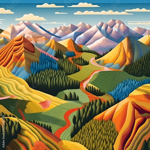 Colorful stylized landscape of mountains, valleys, and fields