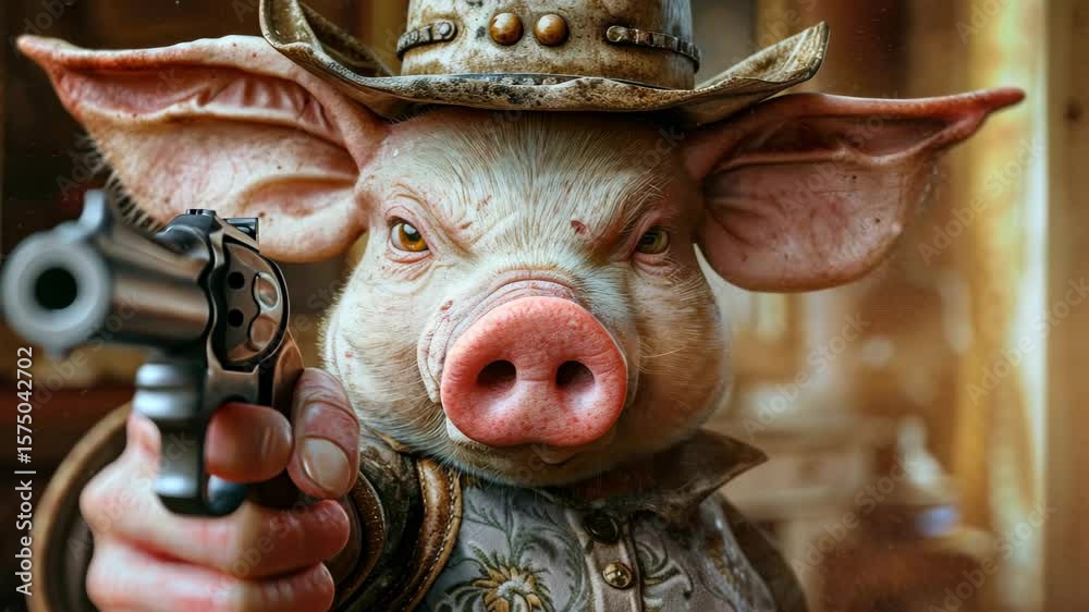 Pig Cowboy with Gun: A rugged pig dons a cowboy hat, holding a gun in a wild west setting, exuding an aura of raw power and untamed frontier spirit.