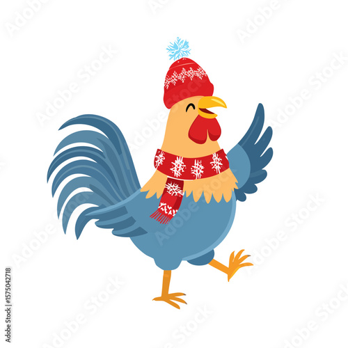 Cute Cartoon Dancing Christmas Rooster Character  Isolated on a Transparent Background