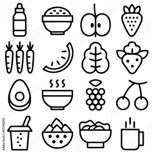 Sixteen Black and White Food and Drink Icons Set Bowl Grapes Strawberries Carrots Watermelon Avocado
