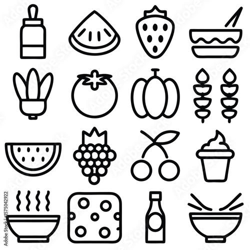Sixteen Black and White Food and Drink Icons Set Watermelon Strawberry Tomato Grapes Cheese Bottle Bowl