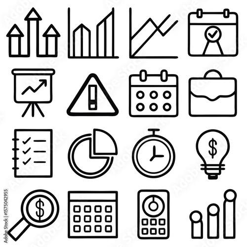 Black and White Business Icons Set Financial Growth Charts Calendar Checklist Dollar Sign Magnifying Glass