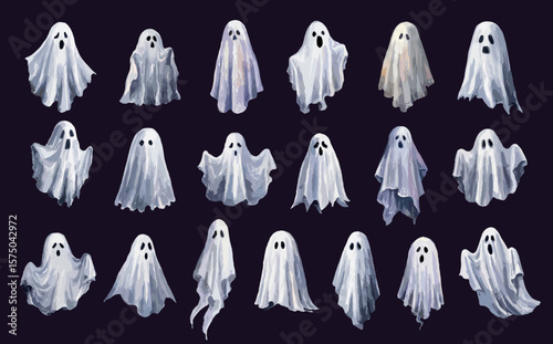 Watercolor ghosts set. White spooky spirit character, halloween vector decoration