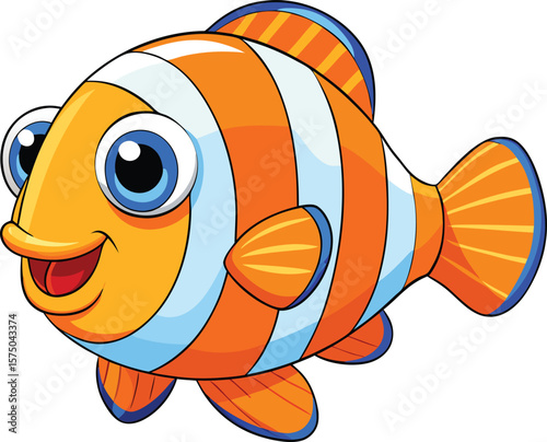 Cute cartoon clown fish vector with big eyes and orange white stripes for kids sea animal illustration
