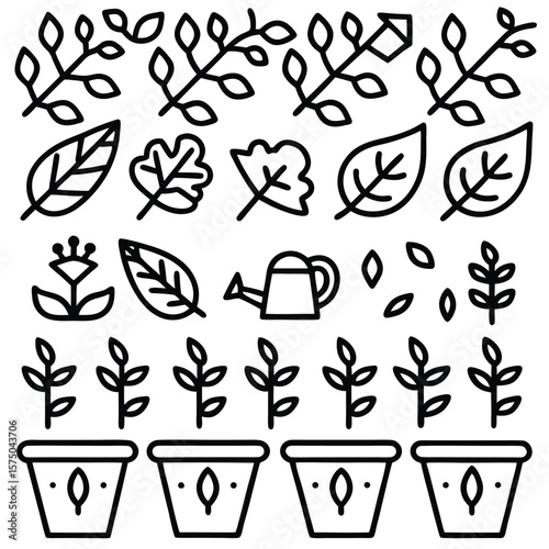 Black and White Line Art Garden Plants Leaves Flowers Pots Watering Can Botanical Illustration Set