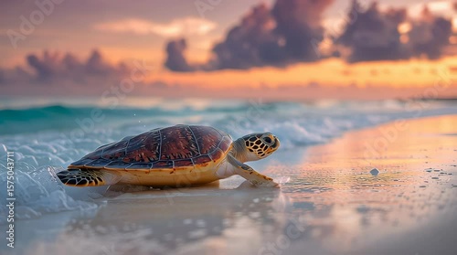 Sea turtle crawling on the beach at sunset / 夕暮れの浜辺を進むウミガメ