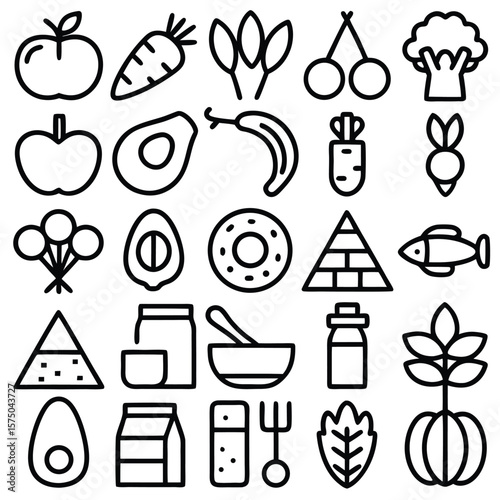 Black and White Line Art Icons of Fruits Vegetables and Baby Food Items apple carrot