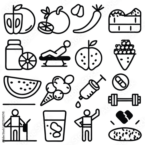 Black and White Line Art Icons Set Healthy Lifestyle Fitness Nutrition Medicine Supplements