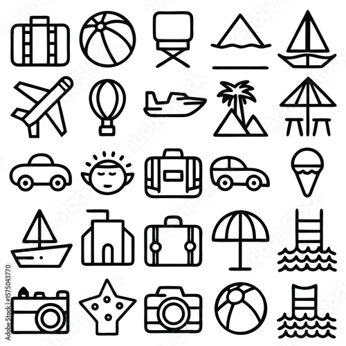 Black and White Travel and Vacation Icon Set Summer Beach Airplane Car Boat Ball Camera