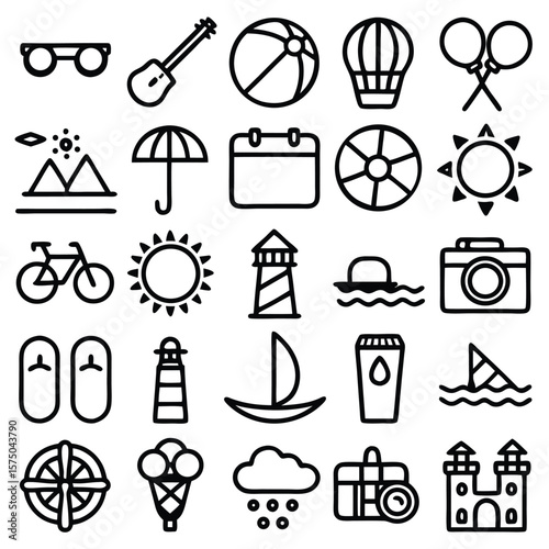 Black and White Summer Vacation Icon Set Beach Ball Bicycle Sunglasses Camera Lighthouse Ice Cream