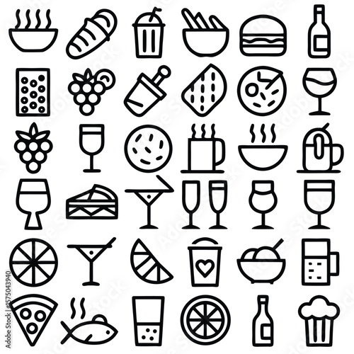 Collection of Black and White Food and Drink Icons Various Dishes Beverages Glasses Simple Line Art Style