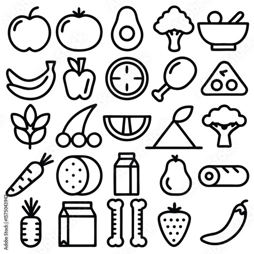 Collection of Black and White Food Icons Apples Bananas Broccoli Carrot Strawberry Milk Carton