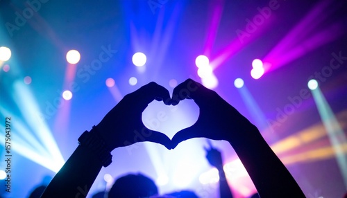 Crowd enjoying a music concert while making a heart shape with hands under vibrant colorful stage lights.
