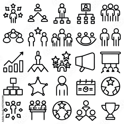Collection of Black and White Line Icons Depicting Teamwork Leadership Success and Business Growth Concepts