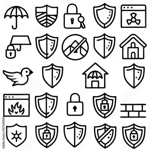 Collection of Black and White Security Icons Shields Locks Umbrella House Bird Firewall Wall