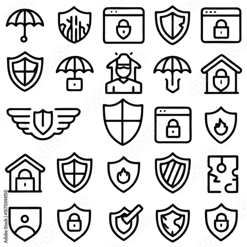 Collection of Black and White Security Icons Shields Padlocks Umbrellas Houses Webpage Symbols
