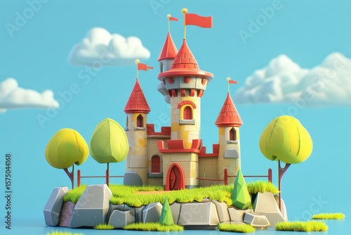 3d illustration of a cartoon medieval castle standing on a small island with flags waving in the wind, surrounded by stylized trees, grass, rocks and water