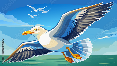 Seagull in flight, looking at the viewer