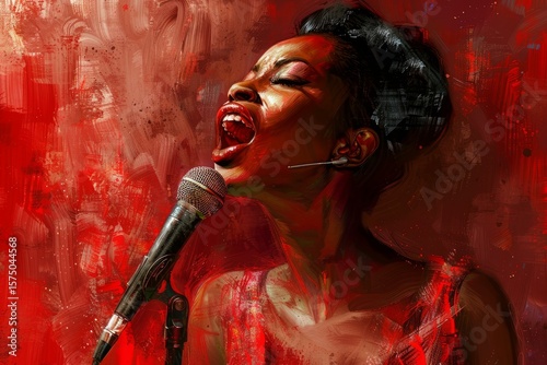 Painting of a female singer passionately performing live music, immersed in a vibrant red atmosphere