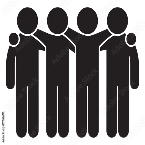 Four stylized black figures stand together with arms around each other s shoulders representing unity friendship and teamwork
