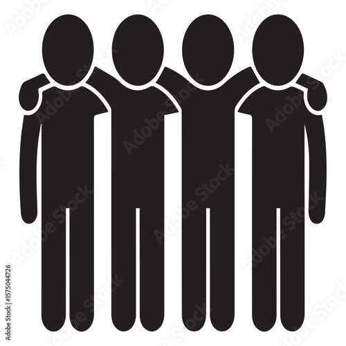 Four stylized black human figures standing together with arms around each other s shoulders in a unified group