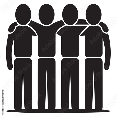 Stylized black silhouette of four people standing together with arms around each other s shoulders symbolizing unity and friendship