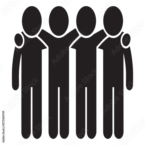 Four simplified black stick figures standing shoulder to shoulder with arms around each other representing unity and friendship