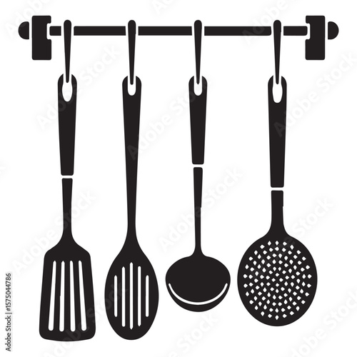 A black and white silhouette illustration of four essential kitchen utensils hanging on a rack showcasing variety and organization for cooking