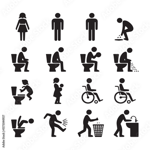 Collection of various black silhouette icons depicting people using toilets washing hands a woman holding a baby and a person in a wheelchair against a white background