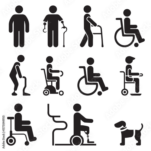 Collection of black silhouette icons representing people with disabilities and mobility aids including wheelchairs walkers canes and a service dog