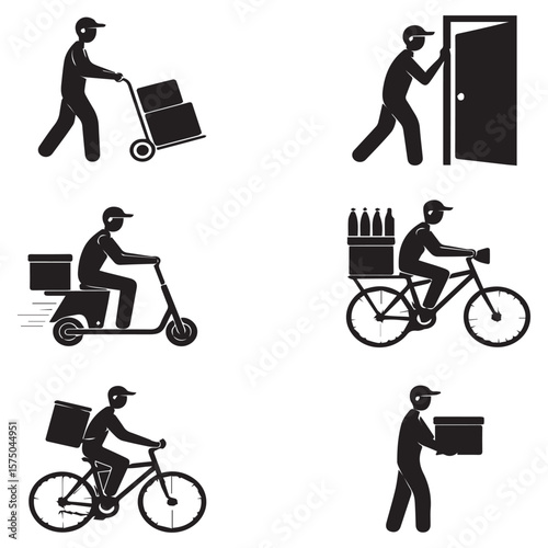 Collection of diverse delivery services icons showing couriers using various methods like scooters bicycles and hand trucks delivering packages and food