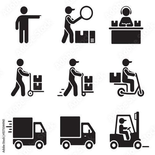 Collection of black logistic icons representing delivery services shipping warehousing and customer support with various vehicles and actions