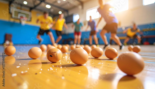 Children playing a game in a gymnasium with scattered eggs on the floor.
