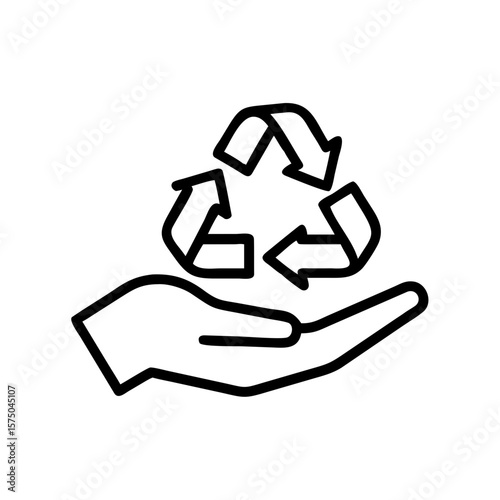 Minimalist outline icon hand holding recycling sign as a symbol of care for the planet