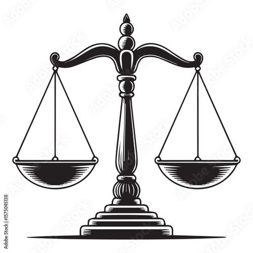 A classic black and white illustration of a justice scale or balance scale symbolizing law fairness and equality on a white background