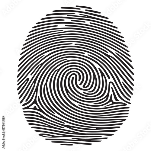 Abstract black and white fingerprint pattern with swirling lines and distinct ridges representing identity and security on a clean white background