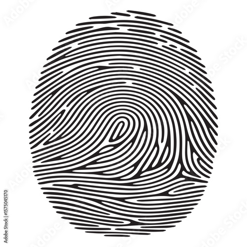 A stark black and white graphic illustration of a human fingerprint with its unique ridges and patterns on a clean white background