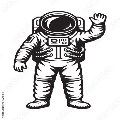 Stylized black and white illustration of a friendly astronaut in a spacesuit waving hello with a raised hand against a white background