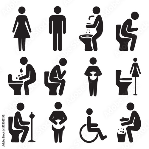 Collection of diverse restroom and bathroom pictograms depicting various activities and user types including men women children disabled pregnant and handwashing