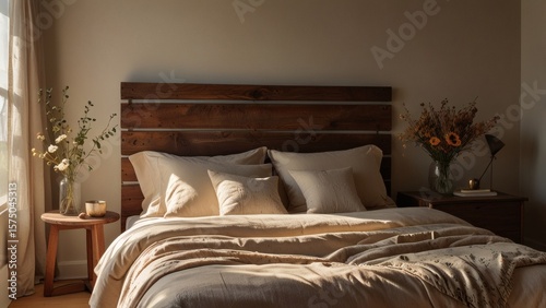 Cozy Minimalist Bedroom with Rustic Wooden Headboard, Neutral Bedding, and Natural Morning Light