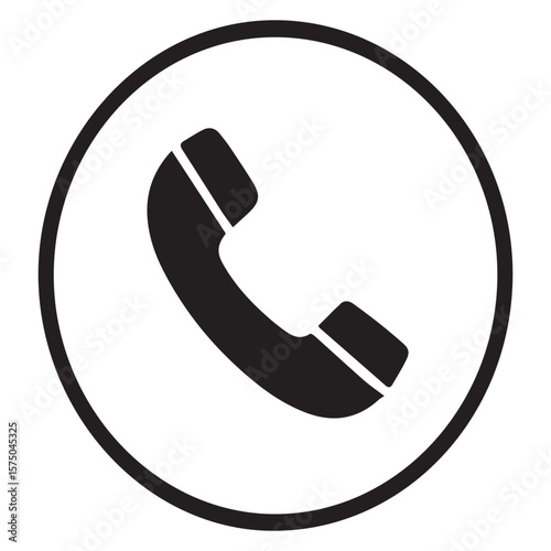 Simple black telephone handset icon inside a white circle on a clean white background representing communication and contact