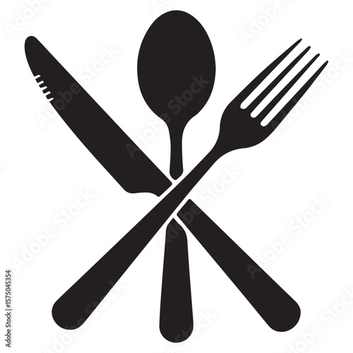 A minimalist black silhouette of a knife spoon and fork crossed over a white background representing dining and cuisine concepts