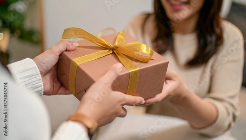 Woman receives a gift box wrapped with gold ribbon, expressing joy and gratitude during a special celebration.