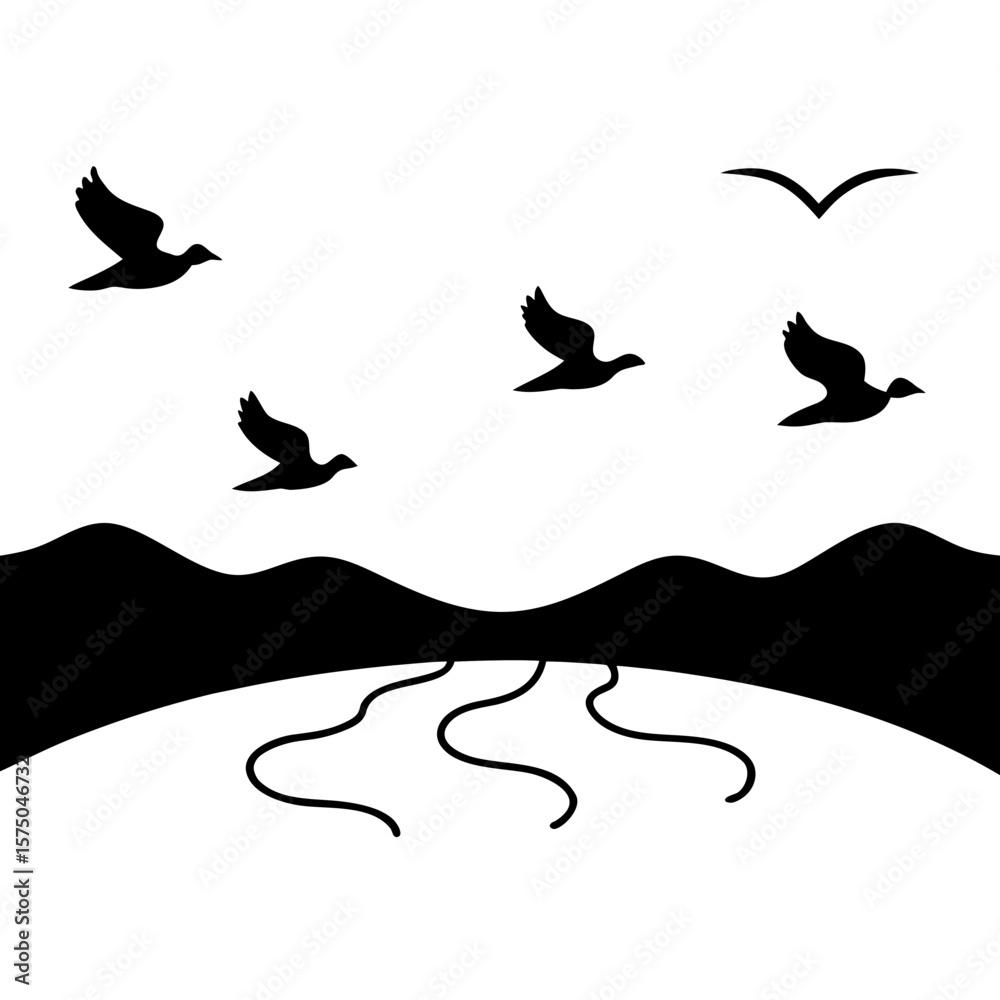 Fototapeta premium Birds flying over mountain river landscape silhouette vector illustration