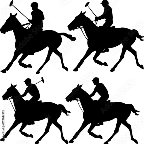 "Graphic illustration of four black polo silhouettes, riders holding mallets mid-swing, horses galloping in profile, laid out in a 2x2 flat composition, no detail or shading, just bold outlines on whi