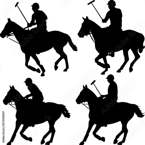 "Graphic illustration of four black polo silhouettes, riders holding mallets mid-swing, horses galloping in profile, laid out in a 2x2 flat composition, no detail or shading, just bold outlines on whi