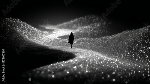 Journey in Light: A lone figure walks down a path illuminated by a sea of sparkling light, creating a surreal and dreamlike scene that evokes introspection and the passage of time.