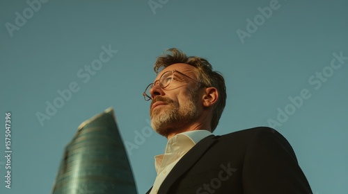 Confident Businessman: A low-angle shot of a mature businessman looking upward, exuding confidence and ambition.  He is framed against the backdrop of a modern skyscraper.