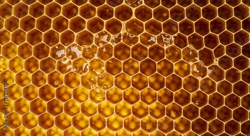 Close-up of a honeycomb with glistening honey in hexagonal cells, warm amber tones, soft lighting, macro perspective, and natural textures.